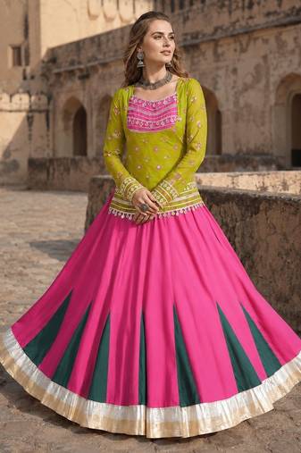 Olive&Pink Rayon Readymade Navratri Lehenga Choli with Kutchi Gamthi Work