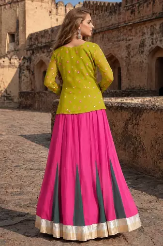 Olive&Pink Rayon Readymade Navratri Lehenga Choli with Kutchi Gamthi Work