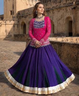 Violet&Pink Rayon Readymade Navratri Lehenga Choli with Kutchi Gamthi Work 1