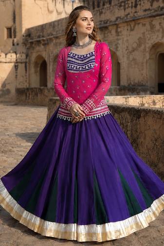 Violet&Pink Rayon Readymade Navratri Lehenga Choli with Kutchi Gamthi Work