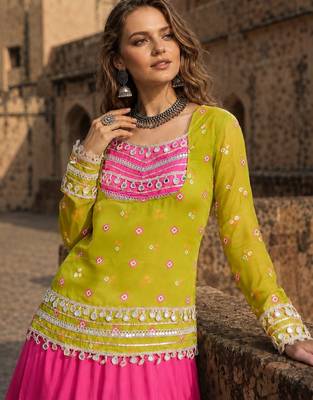 Olive&Pink Rayon Readymade Navratri Lehenga Choli with Kutchi Gamthi Work 3