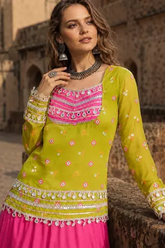 Olive&Pink Rayon Readymade Navratri Lehenga Choli with Kutchi Gamthi Work