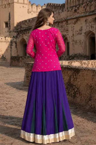 Violet&Pink Rayon Readymade Navratri Lehenga Choli with Kutchi Gamthi Work