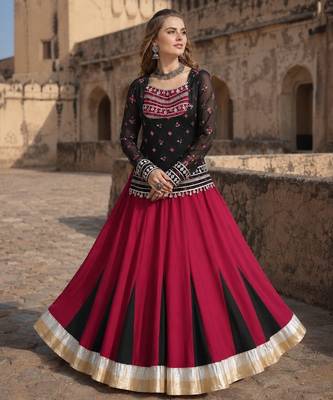 Black&Maroon Rayon Readymade Navratri Lehenga Choli with Kutchi Gamthi Work 1