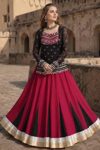 Black&Maroon Rayon Readymade Navratri Lehenga Choli with Kutchi Gamthi Work
