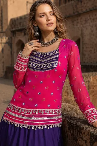 Violet&Pink Rayon Readymade Navratri Lehenga Choli with Kutchi Gamthi Work