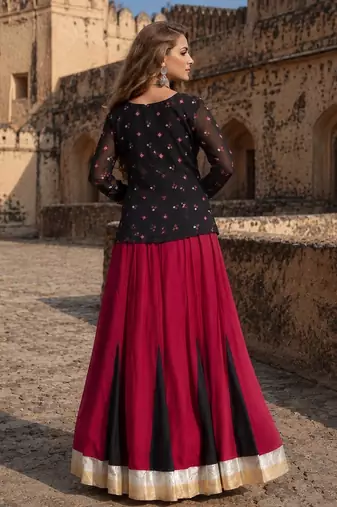 Black&Maroon Rayon Readymade Navratri Lehenga Choli with Kutchi Gamthi Work