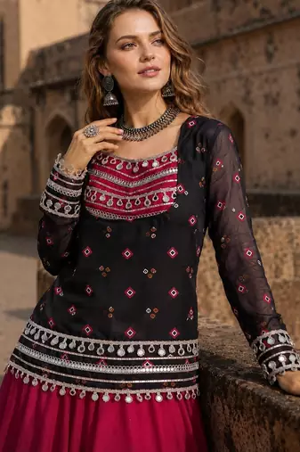 Black&Maroon Rayon Readymade Navratri Lehenga Choli with Kutchi Gamthi Work