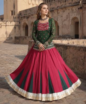 Green&Red Rayon Readymade Navratri Lehenga Choli with Kutchi Gamthi Work 1