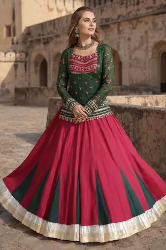 Green&Red Rayon Readymade Navratri Lehenga Choli with Kutchi Gamthi Work