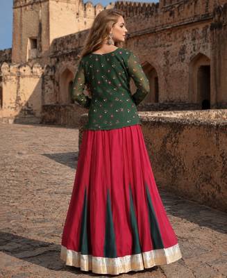 Green&Red Rayon Readymade Navratri Lehenga Choli with Kutchi Gamthi Work 2