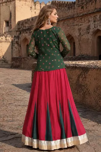 Green&Red Rayon Readymade Navratri Lehenga Choli with Kutchi Gamthi Work
