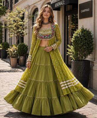 Green Cotton Readymade Navratri Lehenga Choli with Bandhej & Patchework 1