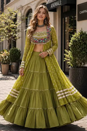 Green Cotton Readymade Navratri Lehenga Choli with Bandhej & Patchework
