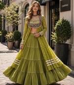 Green Cotton Readymade Navratri Lehenga Choli with Bandhej & Patchework