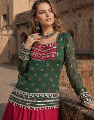Green&Red Rayon Readymade Navratri Lehenga Choli with Kutchi Gamthi Work 3