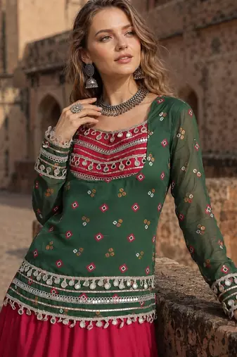Green&Red Rayon Readymade Navratri Lehenga Choli with Kutchi Gamthi Work