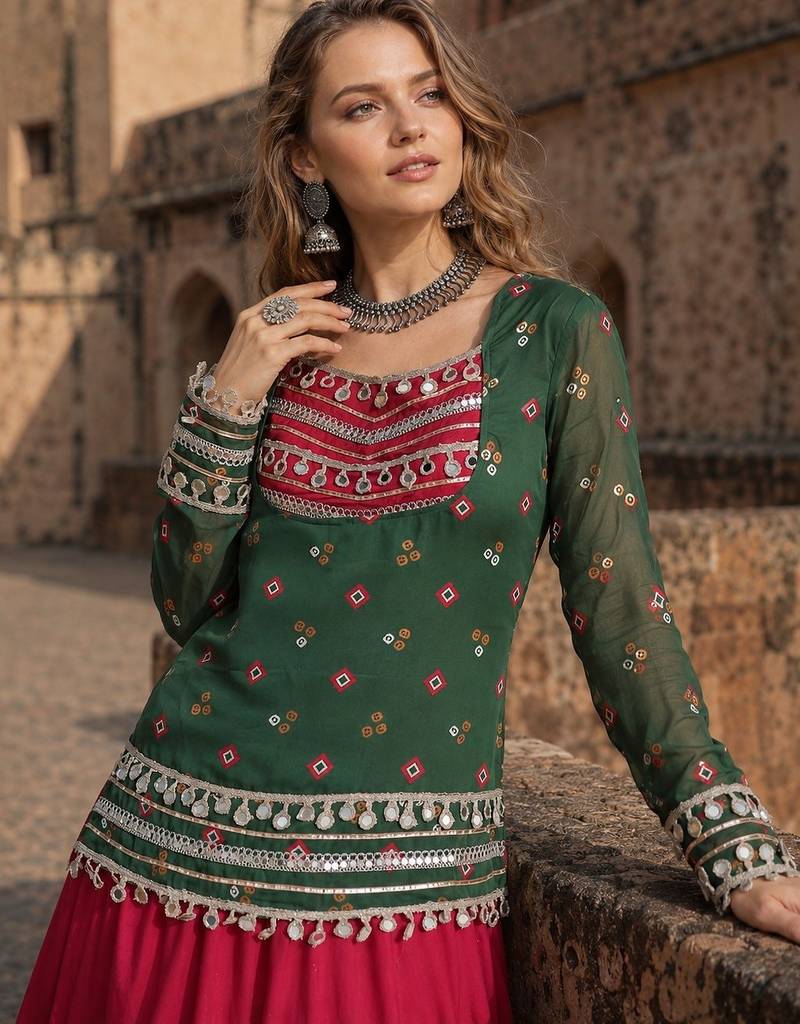 Green&Red Rayon Readymade Navratri Lehenga Choli with Kutchi Gamthi Work