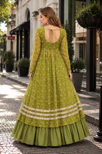 Green Cotton Readymade Navratri Lehenga Choli with Bandhej & Patchework