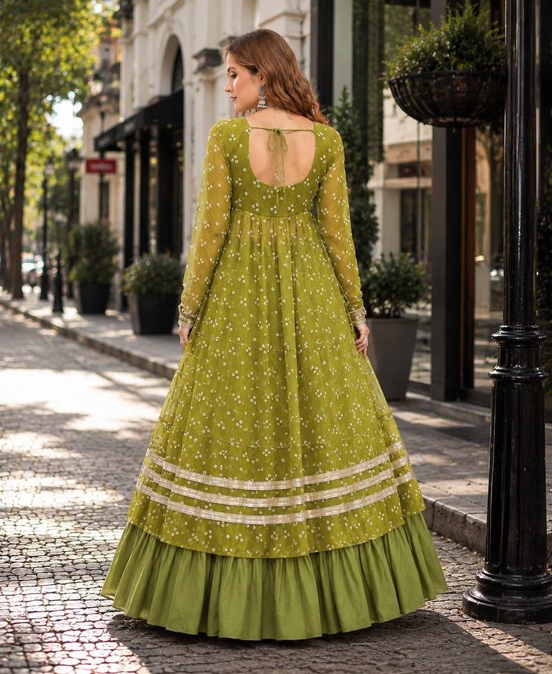 Green Cotton Readymade Navratri Lehenga Choli with Bandhej & Patchework