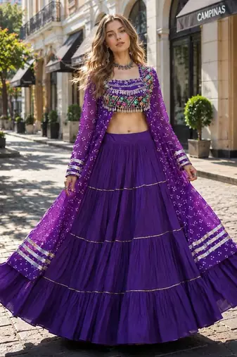 Violet Cotton Readymade Navratri Lehenga Choli with Bandhej & Patchework