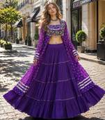 Violet Cotton Readymade Navratri Lehenga Choli with Bandhej & Patchework