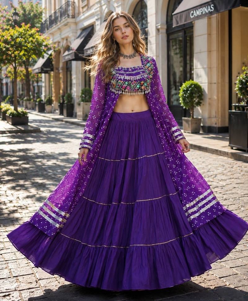Violet Cotton Readymade Navratri Lehenga Choli with Bandhej & Patchework