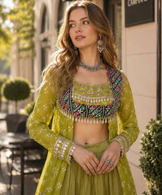 Green Cotton Readymade Navratri Lehenga Choli with Bandhej & Patchework 3
