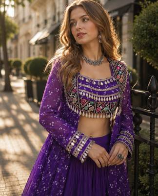 Violet Cotton Readymade Navratri Lehenga Choli with Bandhej & Patchework 3