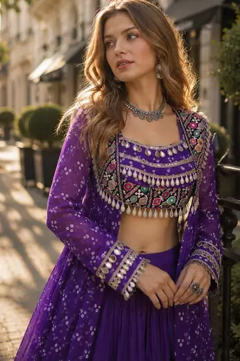Violet Cotton Readymade Navratri Lehenga Choli with Bandhej & Patchework