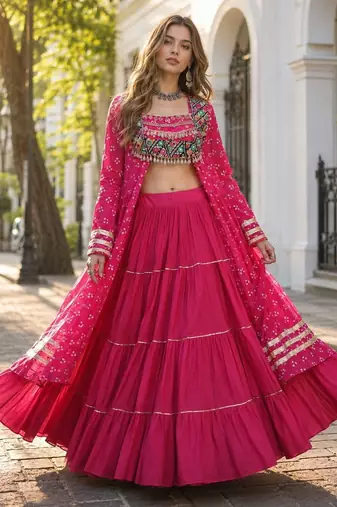 Rani Cotton Readymade Navratri Lehenga Choli with Bandhej & Patchework