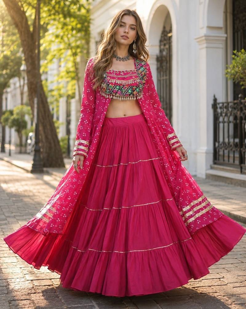 Rani Cotton Readymade Navratri Lehenga Choli with Bandhej & Patchework