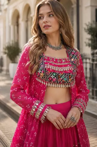 Rani Cotton Readymade Navratri Lehenga Choli with Bandhej & Patchework