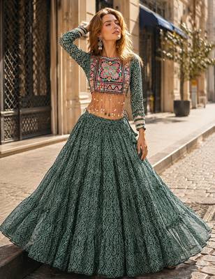 D Green Georgette Readymade Navratri Lehenga Choli with Kutchi & Patchework 1