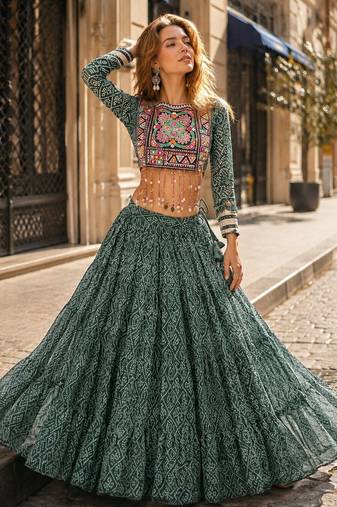 D Green Georgette Readymade Navratri Lehenga Choli with Kutchi & Patchework