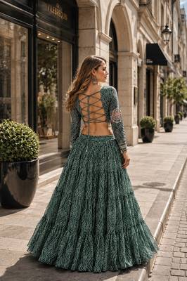 D Green Georgette Readymade Navratri Lehenga Choli with Kutchi & Patchework 2