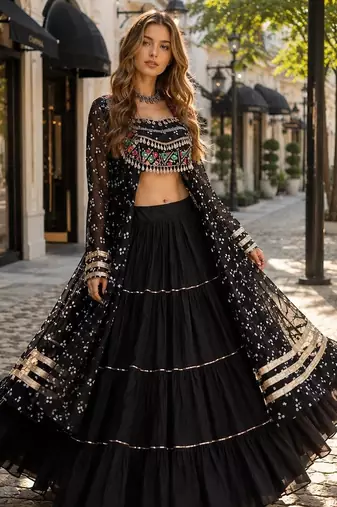 Black Cotton Readymade Navratri Lehenga Choli with Bandhej & Patchework