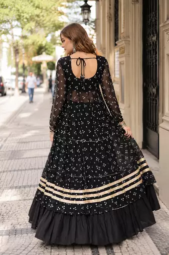 Black Cotton Readymade Navratri Lehenga Choli with Bandhej & Patchework
