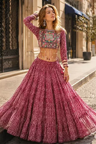 Maroon Georgette Readymade Navratri Lehenga Choli with Kutchi & Patchework