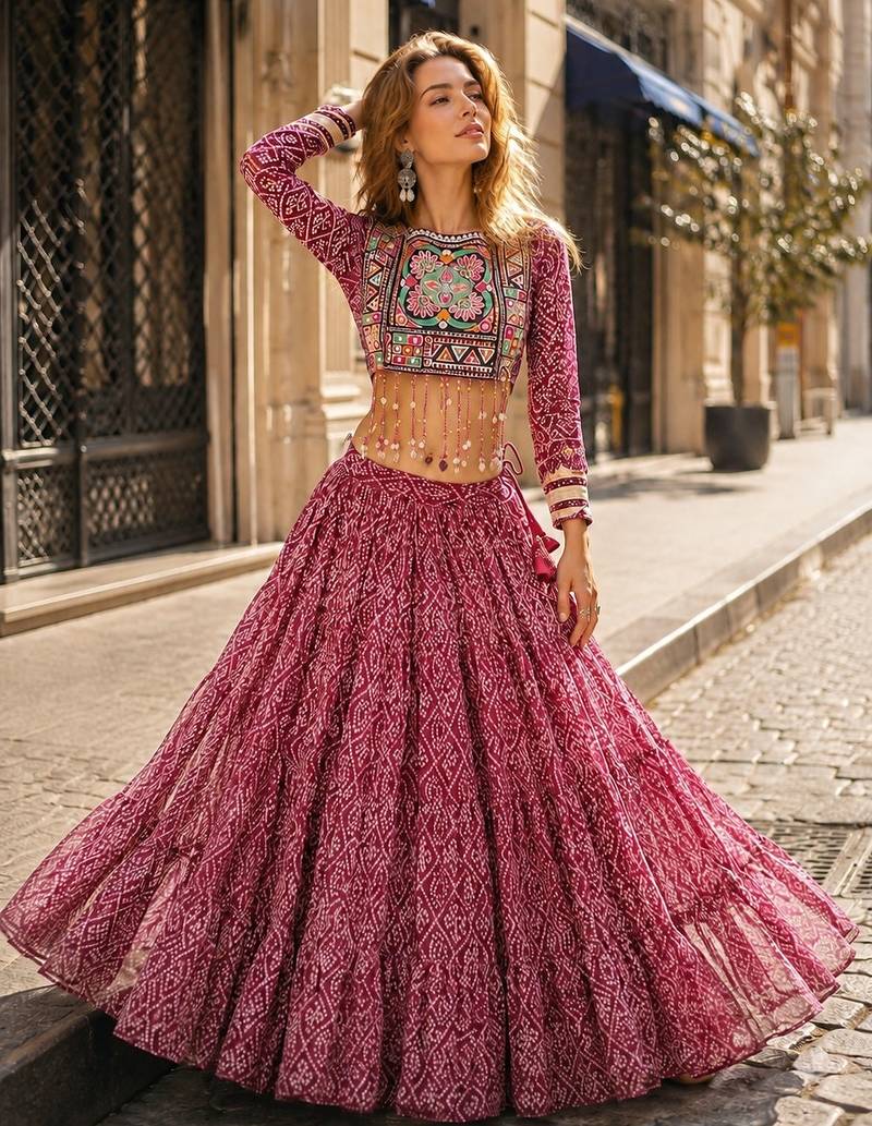 Maroon Georgette Readymade Navratri Lehenga Choli with Kutchi & Patchework