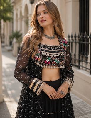 Black Cotton Readymade Navratri Lehenga Choli with Bandhej & Patchework 3