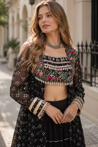 Black Cotton Readymade Navratri Lehenga Choli with Bandhej & Patchework