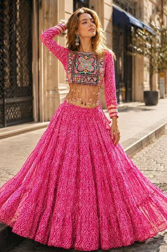 Pink Georgette Readymade Navratri Lehenga Choli with Kutchi & Patchework