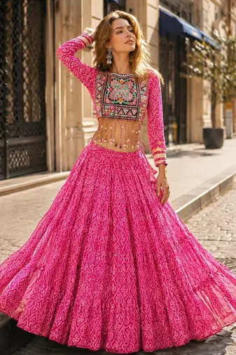 Pink Georgette Readymade Navratri Lehenga Choli with Kutchi & Patchework