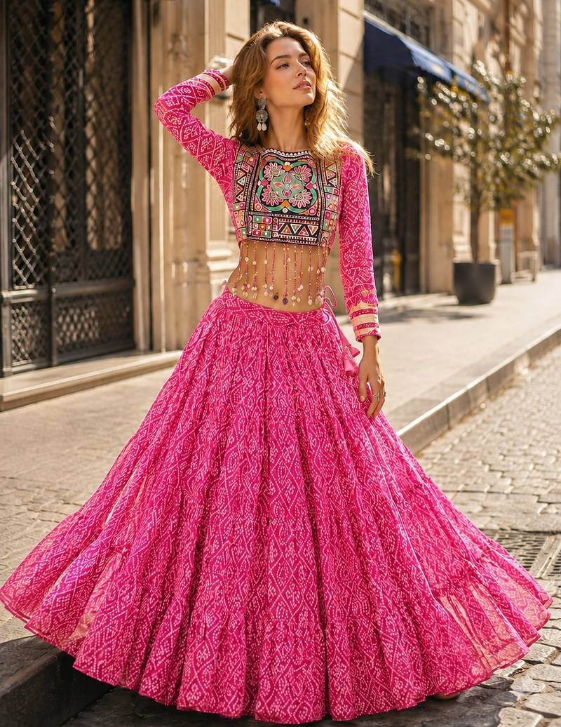 Pink Georgette Readymade Navratri Lehenga Choli with Kutchi & Patchework