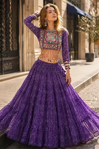 Violet Georgette Readymade Navratri Lehenga Choli with Kutchi & Patchework