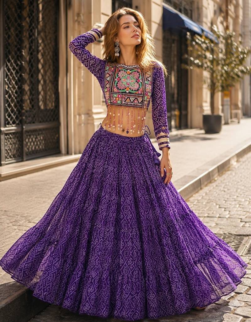 Violet Georgette Readymade Navratri Lehenga Choli with Kutchi & Patchework