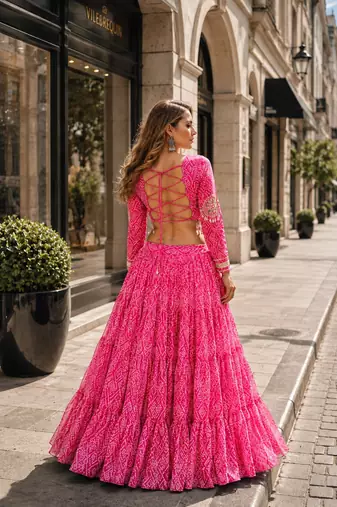 Pink Georgette Readymade Navratri Lehenga Choli with Kutchi & Patchework