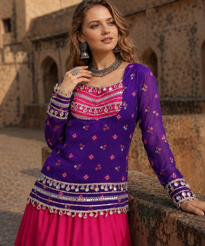 Rani&Violet Rayon Readymade Navratri Lehenga Choli with Kutchi Gamthi Work
