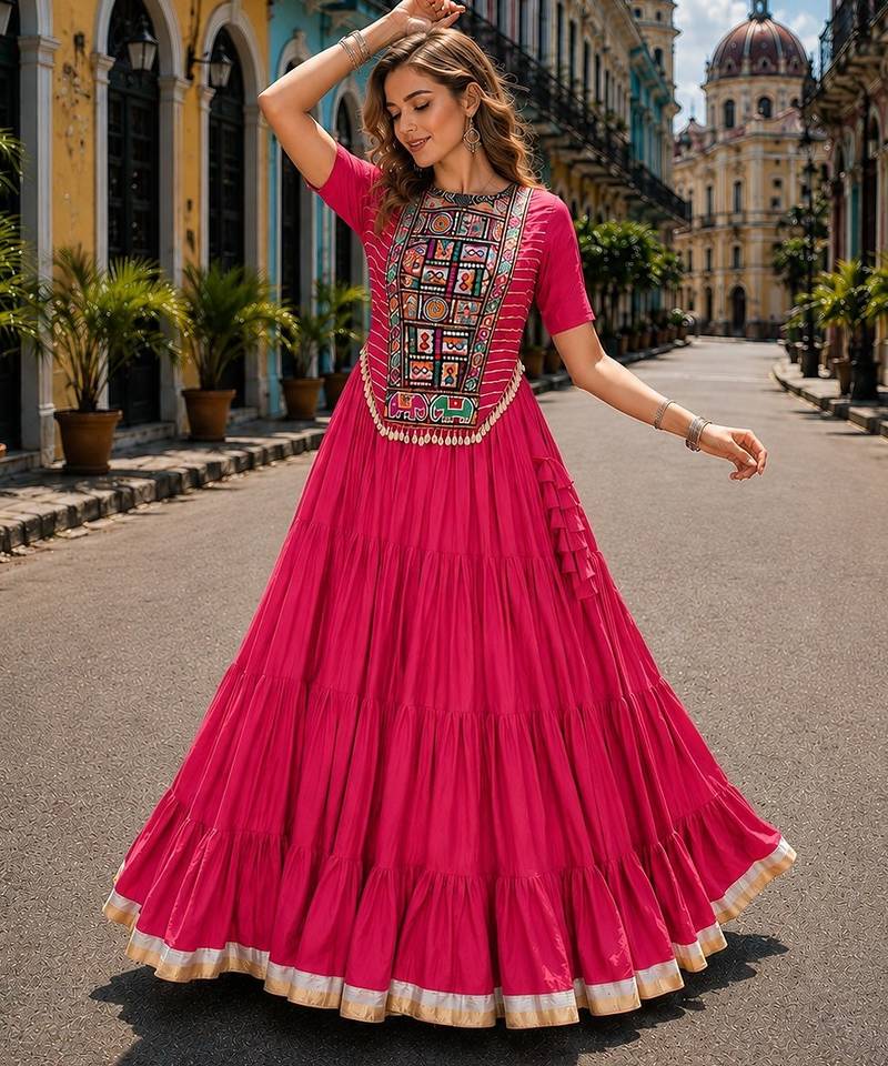 Pink Cotton Readymade Navratri Lehenga Choli with Kutchi & Patchework